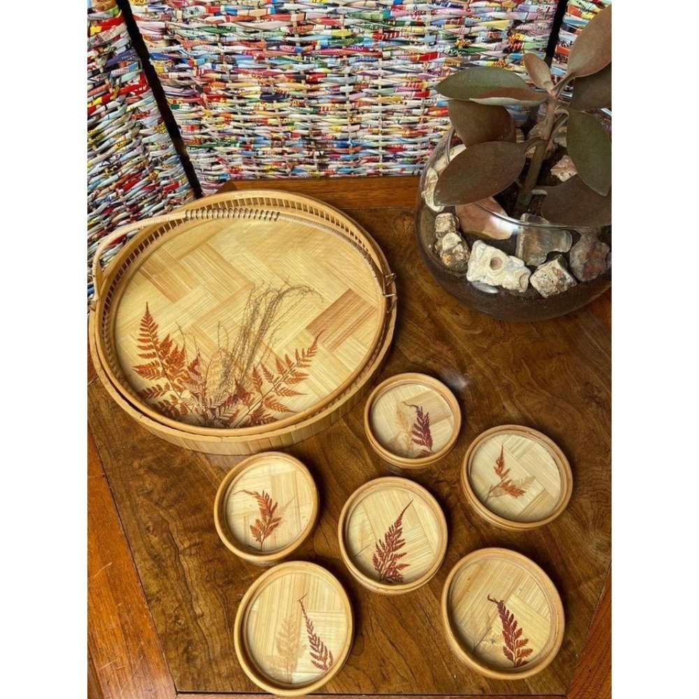 Vintage Botanical Pressed Fern Bamboo Coaster Tray
